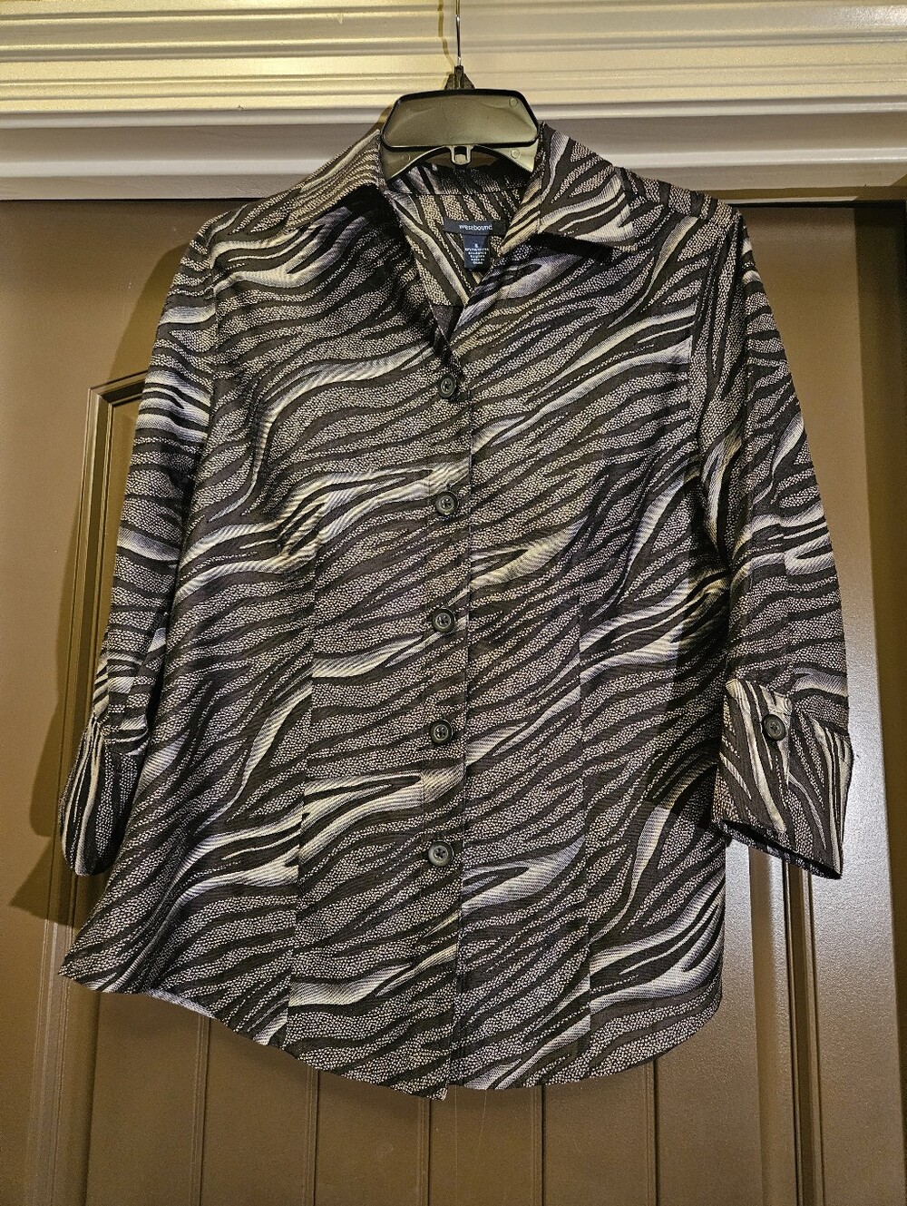 Westbound Women's 3/4" Sleeve Button Blouse, Black/Gray - Size Small
